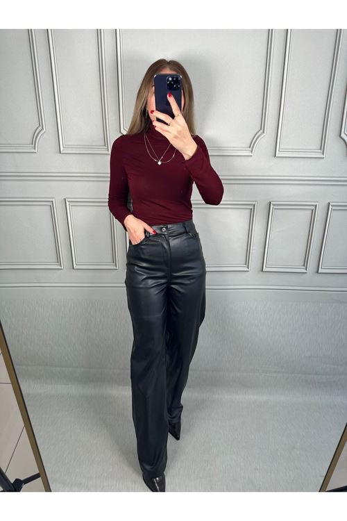Siyah Deri Straıght Pantalon