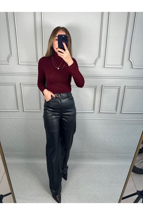 Siyah Deri Straıght Pantalon