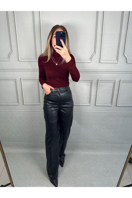 Siyah Deri Straıght Pantalon