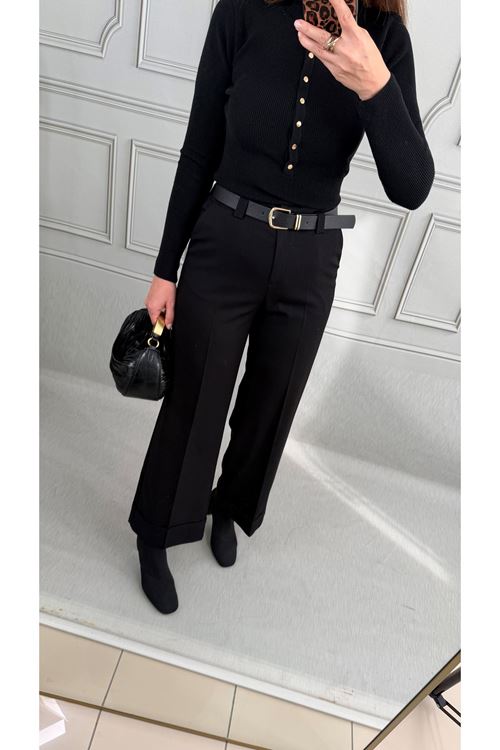 Kemerli Kıvrık Paça Siyah Pantalon 