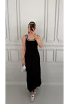 Zımba Detay Siyah Midi Elbise